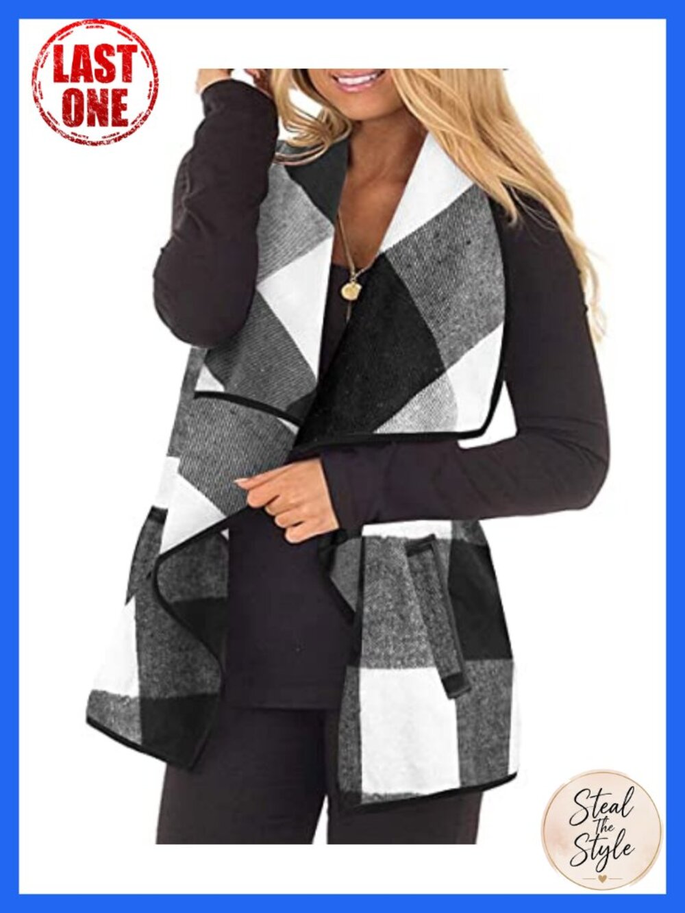 Plus Size Plaid Sleeveless Cardigan Vest Open Front Pockets Lightweight